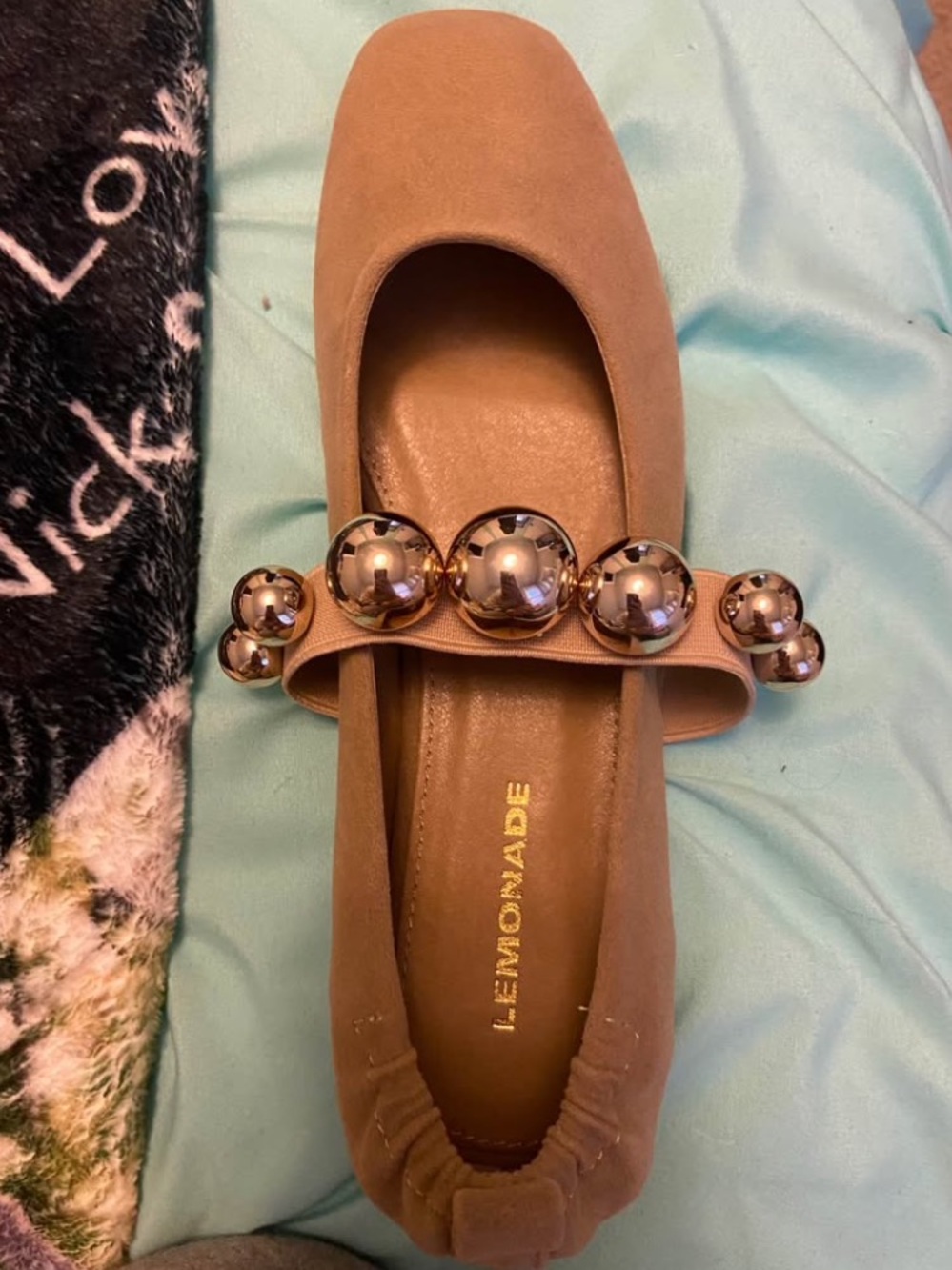 Lauriebelles Boutique Tan Ballet Flat with Gold Orb Embellishments